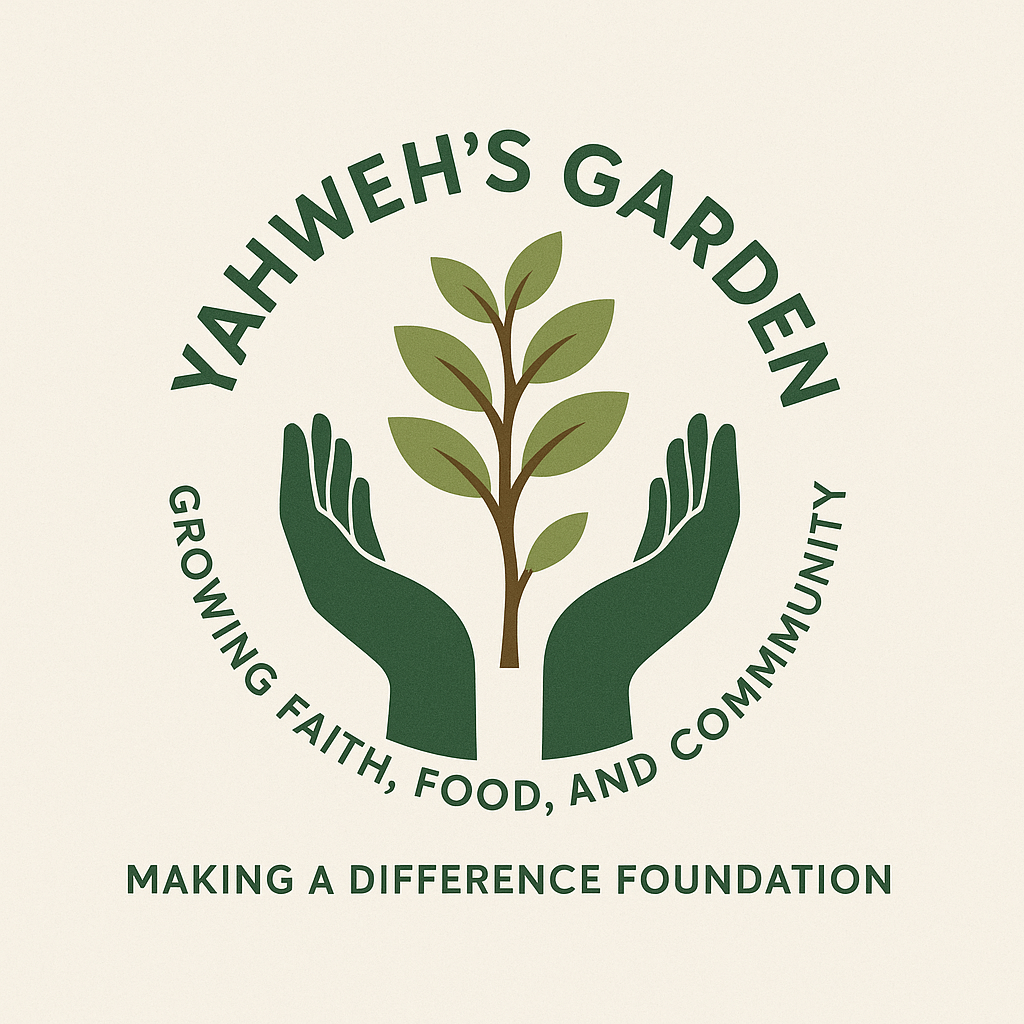 Yahweh’s Garden logo – hands and branches forming a tree in green and brown, symbolizing growth, unity, and care.